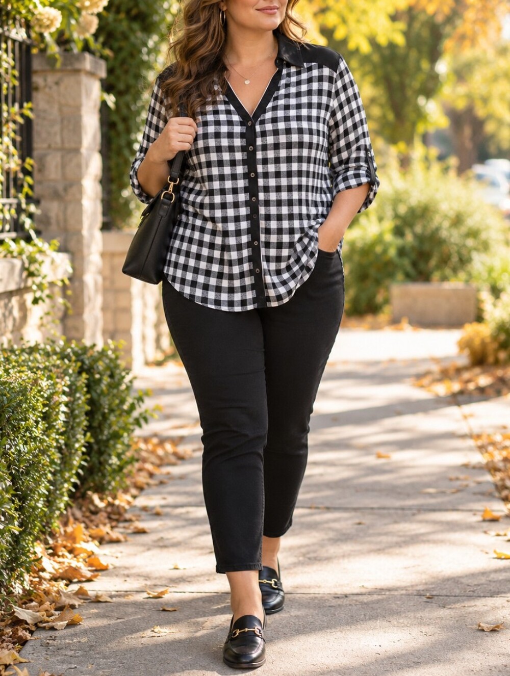 Nygard Black White Gingham Button Down Shirt Contrast Yoke Roll Tab Sleeve Work